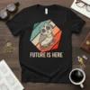 Retro owl with camera lens eyes sitting on a branch, text "FUTURE IS HERE" below, on a black t-shirt