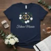 Future Mariée text on navy t-shirt with floral wreath and wedding rings graphic