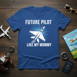 Blue t-shirt with white text "Future Pilot Like My Mommy" and a graphic of a jet plane