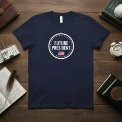 Navy blue t-shirt with "Future President" text in a circle, surrounded by stars, and an American flag graphic