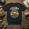 Future Soldier t-shirt design featuring a cartoon boy in military uniform saluting, with tanks and a plane in the background