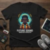 Future Sound Urban Beat Generator t-shirt design featuring a young Black boy with headphones and colorful abstract music graphics