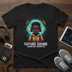 Future Sound Urban Beat Generator t-shirt design featuring a young Black boy with headphones and colorful abstract music graphics