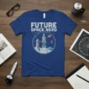 Future Space Nerd t-shirt with a graphic of a rocket launching into space, featuring planets and stars