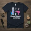 Future Stylist HAIRSTLYIST text with barber pole, scissors, hairdryer, and spray bottles graphic