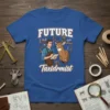 Future Taxidermist T-Shirt featuring a cartoon taxidermist working on a deer mount, with tools in the background