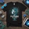 Future Visions Celestial Minds text design on a black t-shirt, featuring a profile of a woman with intricate cybernetic and