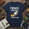 Future Whatever I Want To Be quote with a rocket blasting off, printed on a navy t-shirt, inspiring design