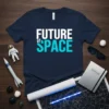 Future of Space t-shirt with bold white and turquoise text, featuring astronaut and rocket imagery in the background