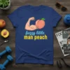 Fuzzy Little Man Peach graphic t-shirt with a muscular arm and a peach illustration