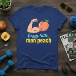 Fuzzy Little Man Peach graphic t-shirt with a muscular arm and a peach illustration
