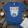 Fuzzy Socks t-shirt design featuring the text "FUZZY SOCKS" above two cartoon socks with smiling faces and pom-pom tops