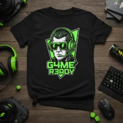 G4ME R3ADY gamer t-shirt with neon green text and a graphic of a person wearing headphones and sunglasses