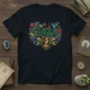 Gaia t-shirt design with vibrant green text, hummingbird, and floral wreath, symbolizing Mother Earth and nature