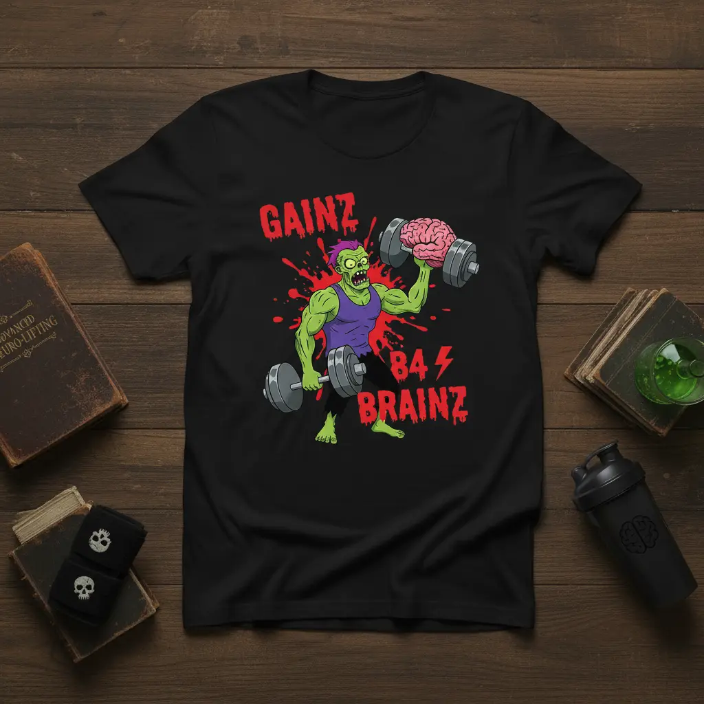 Gainz B4 Brainz Zombie Gym T-Shirt Funny Fitness Gift