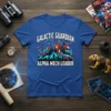Galactic Guardian Alpha Mech Leader text on a blue t-shirt with a futuristic mech panther graphic and cityscape below