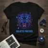 Galactic Panther t-shirt design featuring a blue and purple cosmic panther head surrounded by stars and geometric patterns