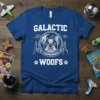 Galactic Woofs T-Shirt with a French Bulldog astronaut design in a space helmet, surrounded by UFOs and cityscapes