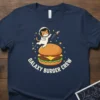 Galaxy Burger Crew text with astronaut cat on a burger design, navy t-shirt