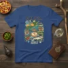 Galicia Santiago de Compostela t-shirt design with map elements, iconic landmarks, and local foods like fish and peppers
