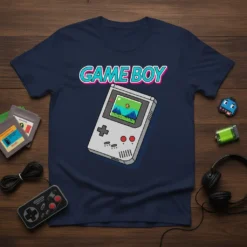 Navy t-shirt featuring the text "GAME BOY" above a classic grey Game Boy handheld console illustration