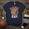 Game Day basketball t-shirt design with text and a basketball going into a net