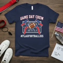 GAME DAY CREW #FLAGFOOTBALLSIS eye-catching graphic design printed on comfortable cotton t-shirt