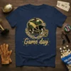 Game day football helmet design with camouflage pattern and gold accents on a navy t-shirt