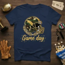 Game day football helmet design with camouflage pattern and gold accents on a navy t-shirt