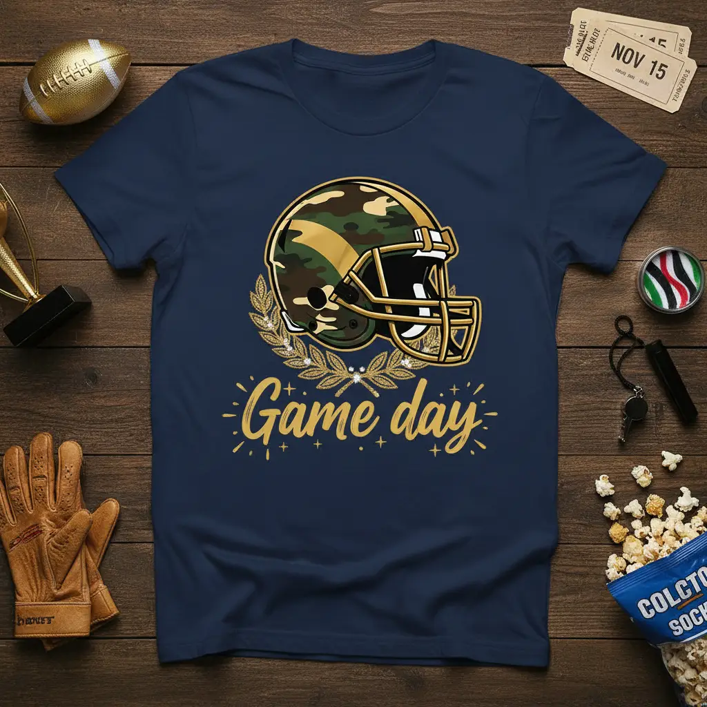 Game day football helmet graphic with camouflage pattern and gold laurel wreath on a navy blue tee