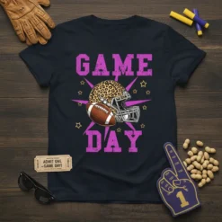 Game Day football t-shirt with leopard print helmet and pink stars graphic
