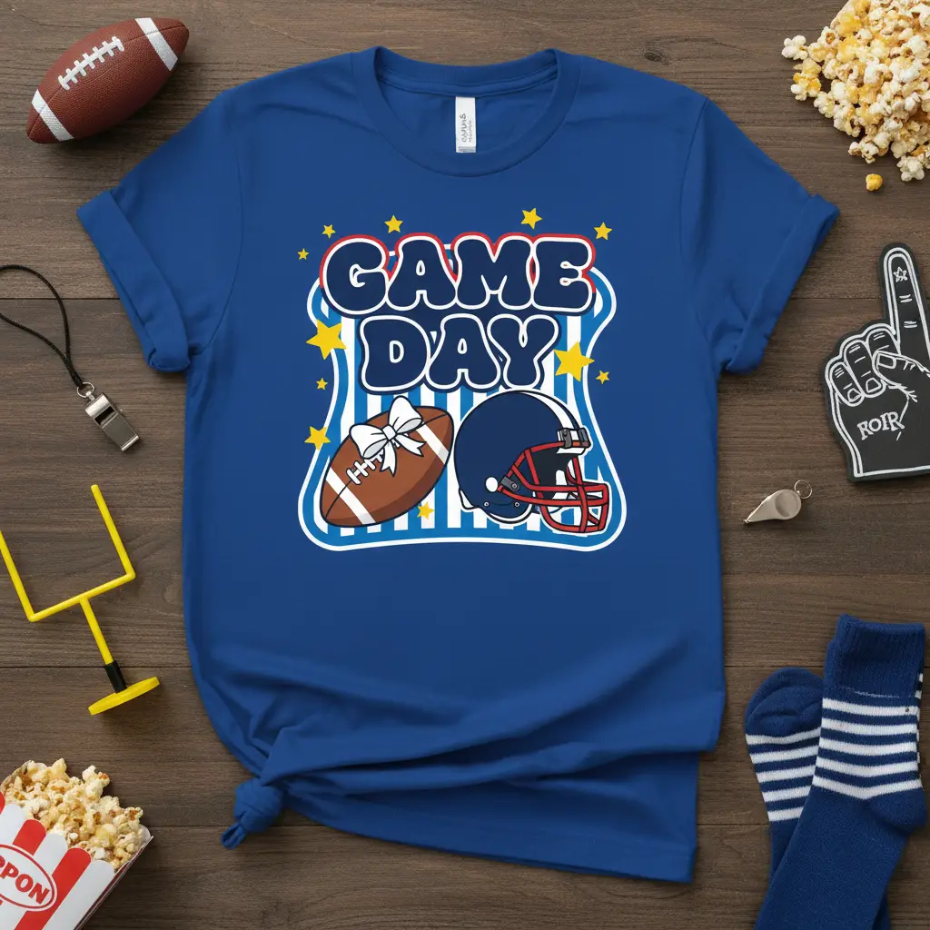 Game Day football and helmet graphic design on a royal blue t-shirt for fans