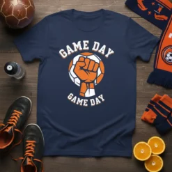 Navy blue t-shirt with "GAME DAY GAME DAY" text and an orange fist inside a soccer ball graphic