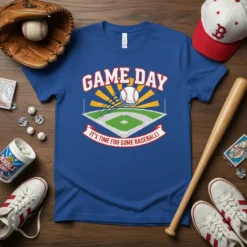 Blue t-shirt with "Game Day It's Time For Some Baseball!" text and baseball field graphic