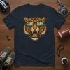 Game Day text on sunglasses worn by a roaring tiger graphic on a navy t-shirt
