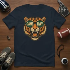 Game Day text on sunglasses worn by a roaring tiger graphic on a navy t-shirt