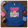 GAME DAY Touchdown! text with football, helmet, and megaphone graphic on a royal blue t-shirt
