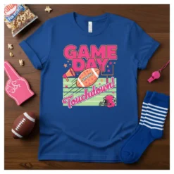 GAME DAY Touchdown! text with football, helmet, and megaphone graphic on a royal blue t-shirt