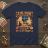 Game Night With My Meeple t-shirt design featuring a cozy living room scene and game pieces