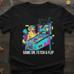 Golden retriever wearing VR goggles playing pinball with text "GAME ON, FETCH & FLIP" on a black t-shirt