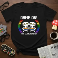 GAME ON! HIGH SCORE FOREVER stylish graphic design printed on comfortable cotton t-shirt