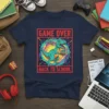 Game Over Back To School dinosaur t-shirt design with a T-Rex holding books and a gamepad, set against a colorful