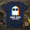 Glitch effect "GAME OVER CONTINUE?" text with a pixelated ghost on a navy t-shirt, referencing retro video games