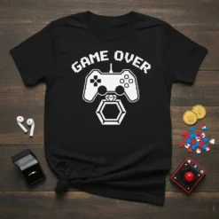 Game Over t-shirt with pixelated controller and engagement ring graphic, black shirt with white text and design