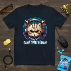 Game Over, Human! quote with a fierce cat wearing gaming headphones on a t-shirt