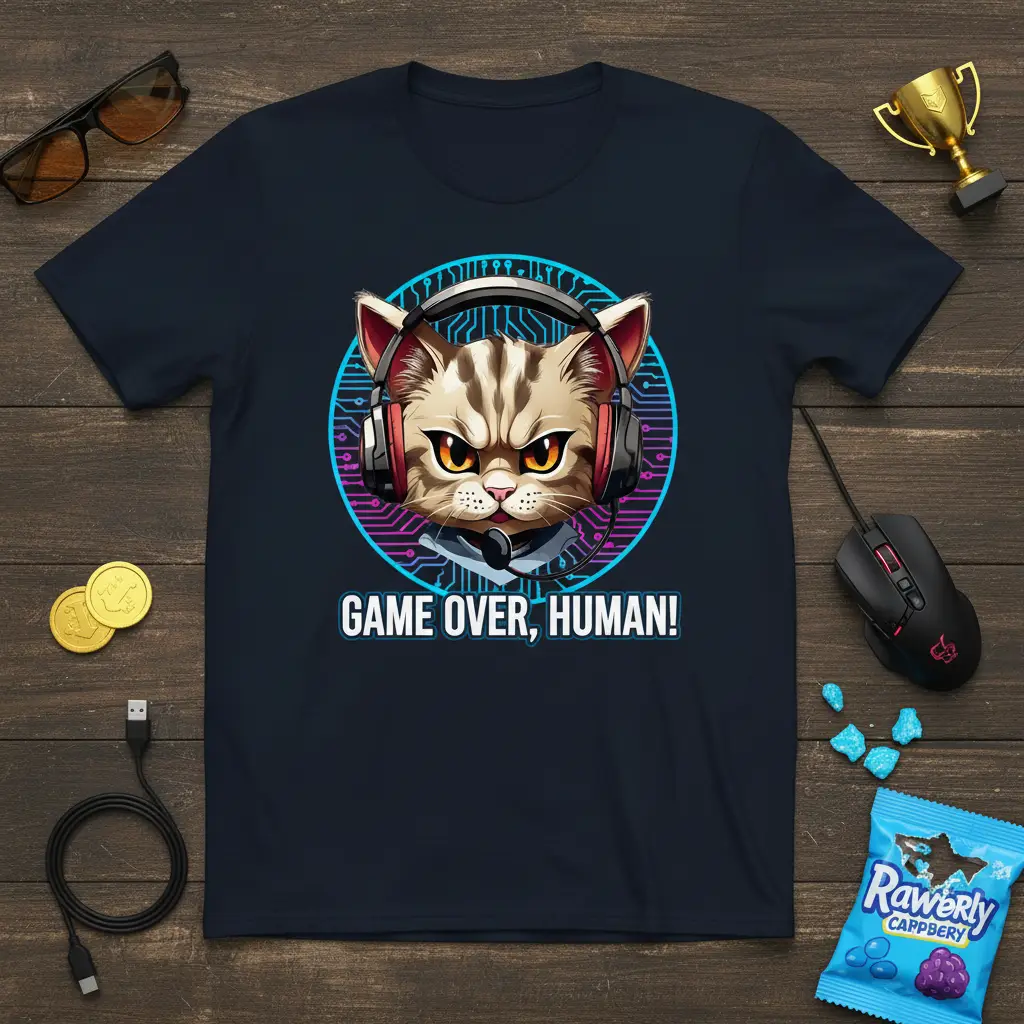 Game Over, Human! Cat Gamer T-Shirt Funny Gaming Gift