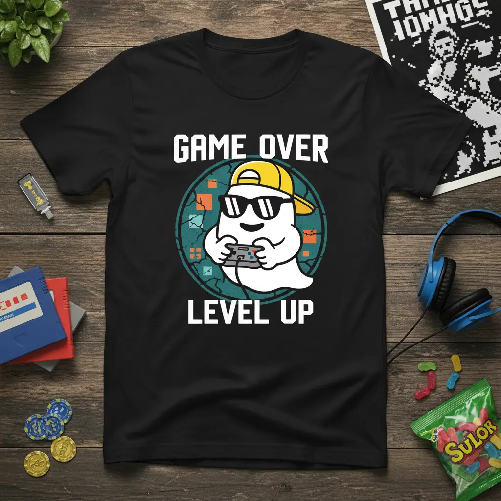 Game Over Level Up Gamer Ghost T-Shirt Funny Gaming Gift