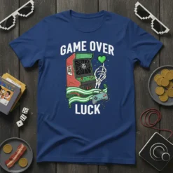 Game Over Luck t-shirt design featuring a retro arcade cabinet, skeleton hand holding a pixelated heart, and a classic game