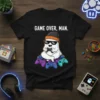 Black t-shirt with "GAME OVER, MAN." text and a cartoon ghost gamer sitting on controllers