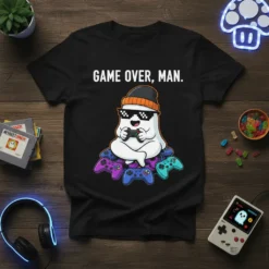 Black t-shirt with "GAME OVER, MAN." text and a cartoon ghost gamer sitting on controllers